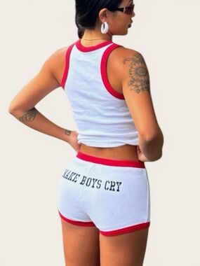 Edikted Make Boys Cry White Red Trim Mini Shorts S